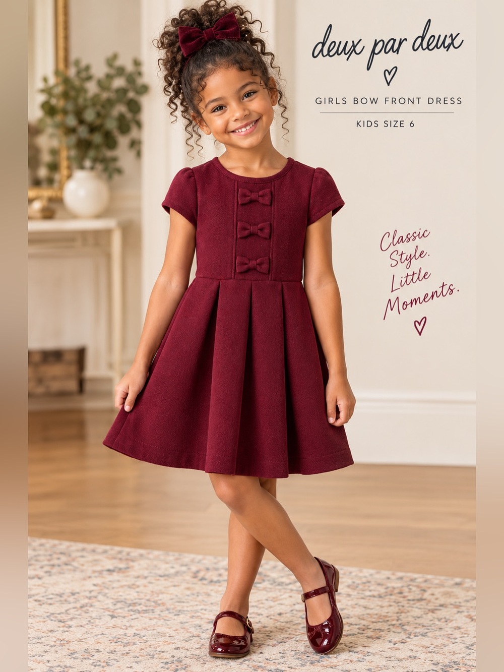deux par deux Girls Bow-Front Pleated Dress in Burgundy